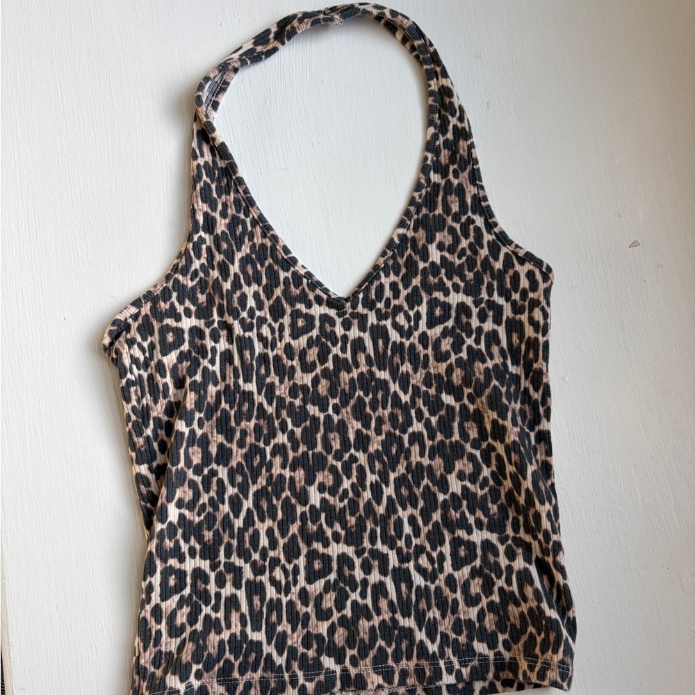 American Eagle Outfitters Leopard Print V-Neck Halter Tank - Brown/Black
